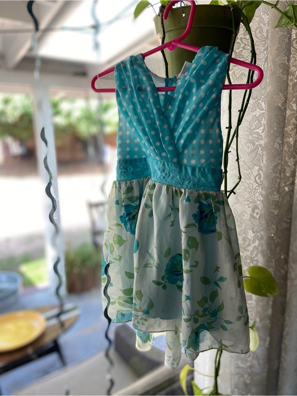 Speechless Aqua Polka Dot & Blue Floral Dress